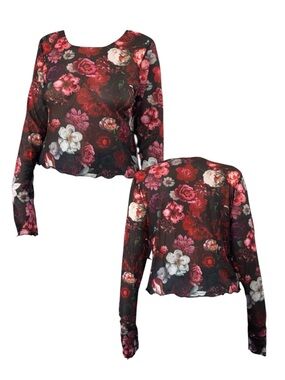 Current Mood Floral Sheer Scoop Neck Top in Black, Red & Pink